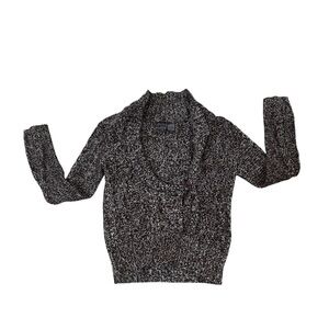 Day Trip brown white woven long sleeved open neck knit sweater, side button, M.